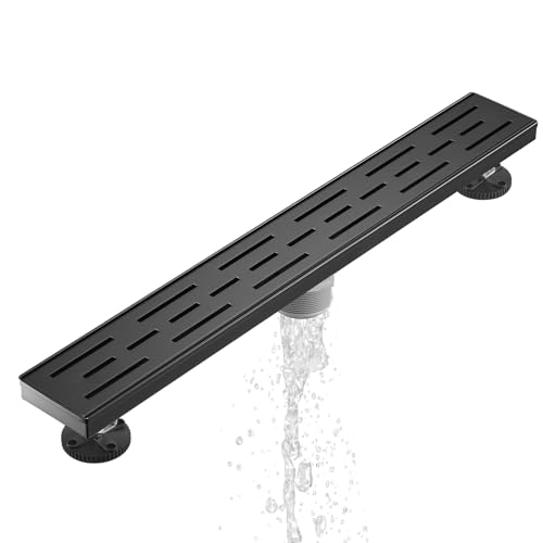Sharp-tec Linear Shower Drain, 24 inch Shower Drain with Removable Pattern Cover, Matte Black 304 Stainless Steel Rectangle Floor Drain, Adjustable Feet and Hair Strainer Included (Model 101) - color: Matte Black, size: 24 inch