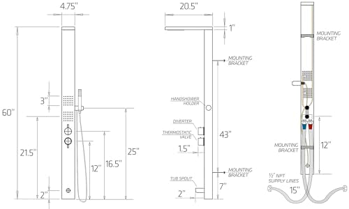 Sasha 59" Rainfall Bodyspray Shower Panel with Handheld Shower Wand and Thermostatic Valve, Stainless Steel