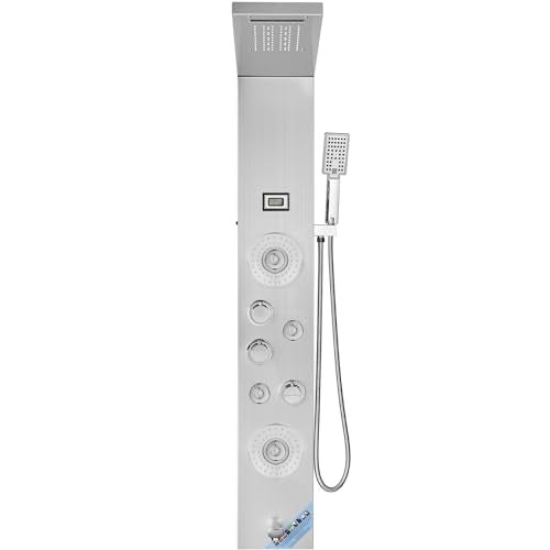 VEVOR Shower Panel Tower System, 6 Shower Modes, LED & Display Shower Panel, Rainfall, Waterfall, 4 Body Massage Jets, Tub Spout, Handheld Shower Head 59" Hose, Stainless Steel Wall-Mounted Shower Set