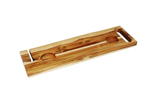 EcoDecors Eleganto 30" Live Edge Solid Teak Bath Caddy Tray with Handle, Book & Tablet Holder, Wine Glass Holders, Luxury Bathtub Tray - style: 30" Live Edge