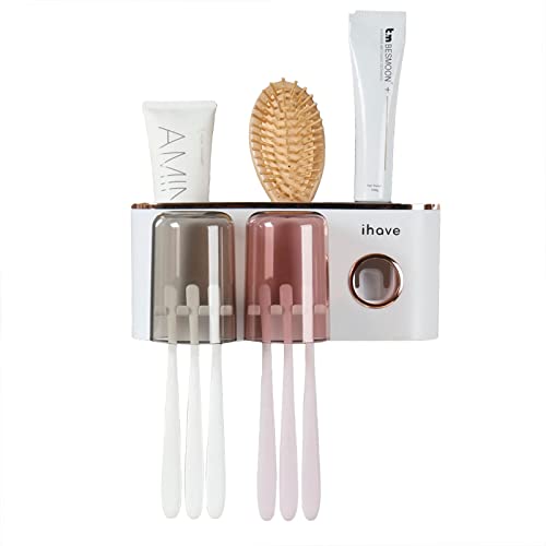 iHave Toothbrush Holders for Bathrooms Wall Mounted with Dispenser & 2 Cups | 6 Slots Wall Mount Toothbrush Holders for Bathrooms with Squeeze Toothpaste Dispenser, 2 Cups & 2 Compartments Organizer - color: White 2 Cups
