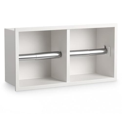 Recessed Dual Roll Toilet Paper Holder 304 Stainless Steel Hidden in-wall with Storage Durable Tissue Roll Holder Heavy Duty Space Saving Design for Modern Bathrooms and Remodel (White) - color: White