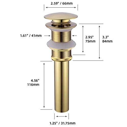 Brushed Gold Pop Up Drain for Bathroom Sink Without Overflow | Brass, Basin Vessel Detachable Basket Drain Strainer Stopper Assembly