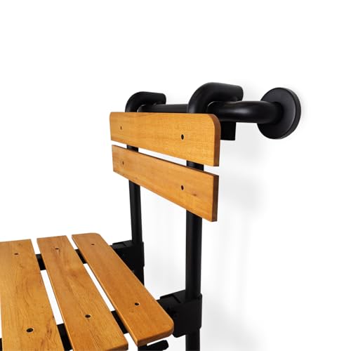 Seachrome Profile Folding Shower Seat with 18 inch Grab Bar, Removable Hanging Bench with Backrest & Legs, Natural Teak Wood Seat, Black Stainless Steel Grab Bar - color: Natural Teak Wood, Black