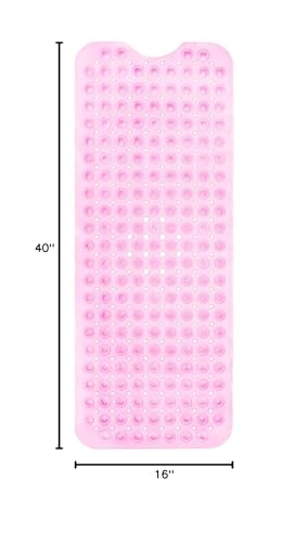 ENKOSI Non-Slip Bath & Shower Mat 40x16 Extra Long, Suction & Drain Holes | Clear Pink look; Durable PVC; 40x16 in, Clear Pink - color: Clear Pink