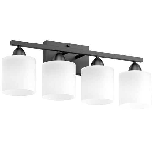 Black Bathroom Lighting Fixtures Over Mirror, 4-Light Anti-Rust Vanity Light for Bathroom, 24Inches Modern Wall Sconce, Standard E26 Base, Milky White Glass Shades, Bulbs Not Included - color: Black-4Light