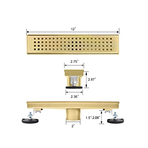 12 inch Linear Shower Drain Brushed Gold with Grate Removable | Square Hole Panel,AISI 304 Stainless Steel Fast Drainage Rectangle Hidden Shower Trench,Detachable Hair Catcher,Leveling Feet - color: Gold, size: 12 inch+No Base