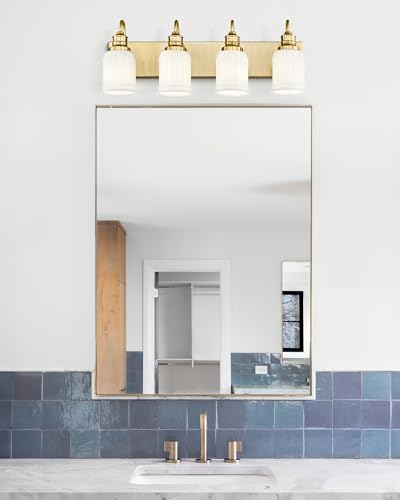 Bathroom Light Fixtures 4-Lights, HWH Brushed Gold Vanity Light Modern Bathroom Vanity Lights Over Mirror, 26'' Antique Brass Vanity Light with Frosted White Bell-Shaped Fluted Glass, 5HZG106B-4W BG - color: Brushed Gold, size: 4-Light
