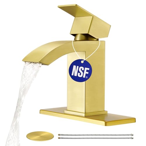 CREA Gold Waterfall Bathroom Faucet Single Hole,Brushed Gold Faucet for Bathroom Vanity Single Handle Bathroom Sink Faucet 1 Hole,Stainless Steel Utility Sink Faucet for RV Bar Lavatory(Pop Up Drain) - color: Brushed Gold, style: Rectangular Spout