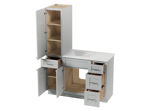 51" Bathroom Vanity with Linen Storage Tower and 4 Drawers, Carrara Quartz Top and Ceramic Sink, Left or Right Tower Option, Solid Wood Frame, 52" x 22" x 72" (Gray, Left Tall Cabinet) - color: Grey