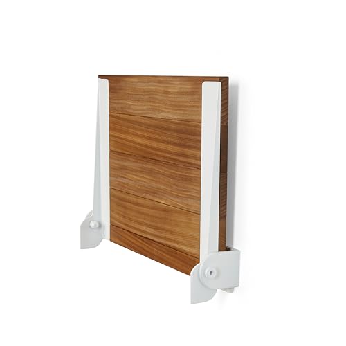 Seachrome 18 inch Silhouette Slimline Folding Wall Mount Shower Bench Seat, Natural Teak Wood with White Frame - color: Teak Wood With White Frame