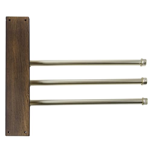 MyGift Swivel Towel Rack, Wood Towel Bar Holder with 3 Tier Industrial Metal Pipe, Wall Mount Towel Hanger Storage for Bathroom, Kitchen, Pool Outdoor (Brass) - color: Brass Tone