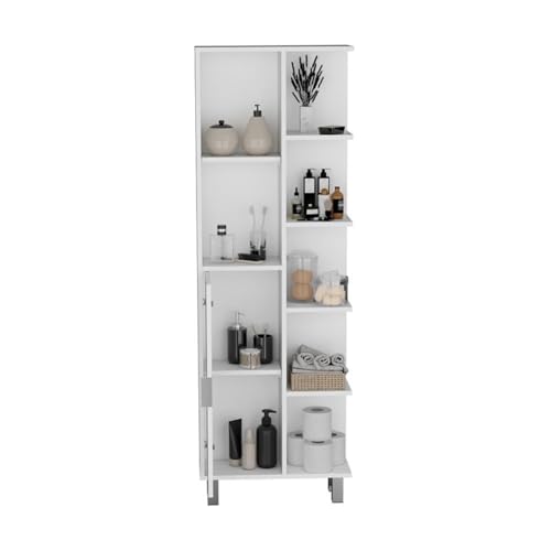 Tuhome Crovie Tall Linen Cabinet, 63-Inch Bathroom Linen Storage Tower with 7 Open Shelves, Slim 8.3-Inch Depth Linen Organizer in White, Engineered Wood with Melamine Finish