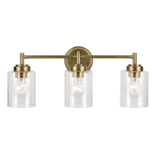 Kichler Winslow 3-Light Farmhouse Vanity Light, Natural Brass | Clear seeded glass vanity light with industrial styling (21.5" x 9.25"), 45886NBR - color: Natural Brass, size: 21.5"