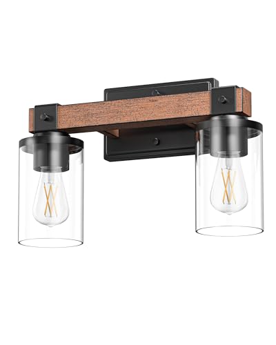 EDISHINE 2-Light Painted Wood Wall Sconces, Farmhouse Vanity Light Fixture | Clear Glass Shade, Up & Down Mounting Optional, E26 Base, Rustic Charm, Waterproof for Bedroom, Powder Room - size: 2-Light with Clear Glass Shade