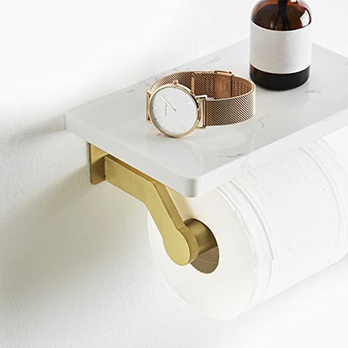 Hoimpro Toilet Paper Holder Wall Mounted, Marble Tissue Roll Rack | Brushed Gold | White Natural Marble Shelf Hand Paper Roll Holder, for Bathroom Kitchen Washroom Bedroom Aluminum - color: Gold