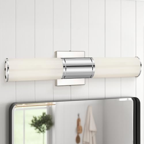 2-Light Chrome Bathroom Vanity Light Fixtures, Milk Glass Shades | 2-light modern bathroom wall sconces, vertical or horizontal mounting, E26 base, hardwired, bulbs not included, VL834-CH-ML - color: Chrome-Milk Glass