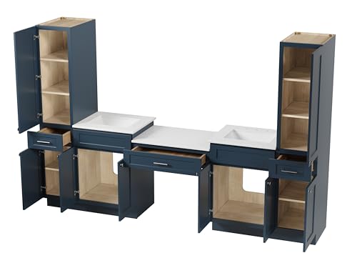 108" Double Sink Bathroom Vanity with Makeup Desk and Dual Linen Storage Towers, 3 Drawers, Carrara Quartz Top and Ceramic Sinks, Solid Wood Frame, 108" x 22" x 72" (Navy Blue) - color: Navy Blue