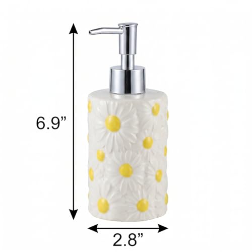 Flower Ceramic Soap Dispenser Cute Daisy Hand Soap Bottle 11.5 Oz | Floral Liquid Soap Dispenser with Pump, Refillable for Lotion, Shampoo, Body Wash, Bathroom Kitchen Vanity Countertop Decor