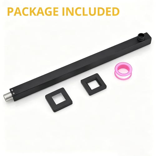 16 Inch Shower Head Extension Arm with Flange, Shower Rod, Black | Square Straight Rain Showerhead Extended Arms, Shower Pipe Extender Arm Replacement, Wall Mounted, SUS304 Stainless Steel - color: Black
