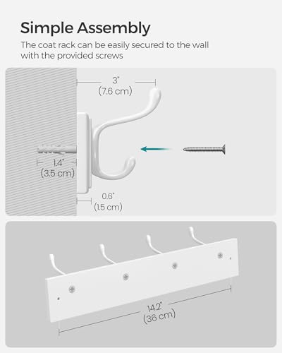 SONGMICS Wall-Mounted Coat Rack, Hook Rack, 8 Dual Metal Hooks, White | For Coats, Bags, Keys, in the Entryway, Bedroom, Living Room ULHR232W01 - color: White, size: 2 Pack-4 Hooks