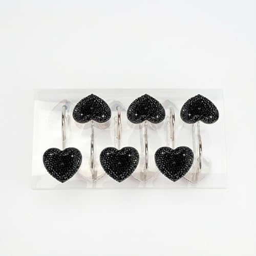 Black Heart Shower Curtain Hooks Sparkling Shower Hooks with Crystal Rhinestones - Stainless Steel Rust Resistant Hooks Holder Bling for Gothic Bathroom Accessories - color: Black