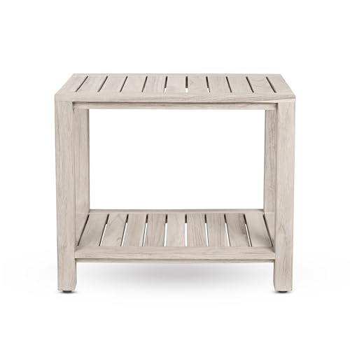 Gray Teak Shower Bench with Shelf 21 Inch for Bathroom, Spa - Fully Assembled, Shower Stool, Rustic Gray Finish, The Elisa