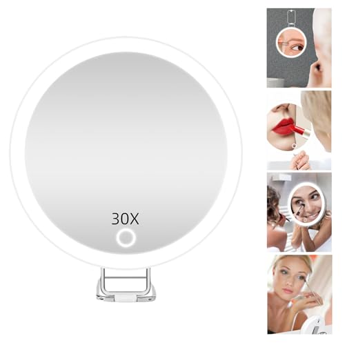 Magnifying Mirror with Light 30x, Lighted Rechargeable Adjustable Brightness Handheld Makeup Mirror with Suction Cup,Foldable Dimmable Portable Travel Mirrors for Wall Tabletop Desk Bathroom