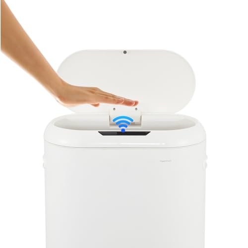 happimess 13.2 Gal Oval Motion Sensor Trash Can, Cotton White | Oval, Motion Sensor, Touch Mode, Soft Close Lid, Powder Coated Iron, 17.7" W x 9.84" D x 24.2" H - color: Cotton White