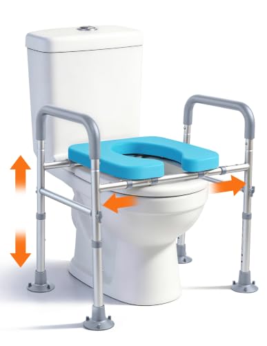 Adjustable Raised Toilet Seat with Handles for Seniors, Grey | 400lbs Capacity Elongated Toilet Seat Riser, Elevated Toilet Seat with Soft Cushion & Removable Armrests - color: Cozy Grey
