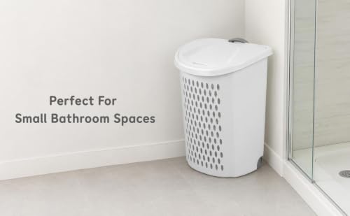 White Plastic Rolling Laundry Hamper with Lid and Ventilated Body | Large Rolling Laundry Hamper with Lid & Telescoping Handle - Portable Plastic Clothes Basket on Wheels for Bedroom