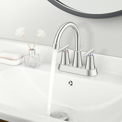 Herogo Bathroom Faucet for Sink 3 Holes Brushed Nickel, 4 Inch 2-Handle Centerset Bathroom Sink Faucet with Pop-Up Drain & Supply Hoses, 18/10 Stainless Steel, for RV Vanity Lavatory - color: Brushed Nickel, style: Cylindrical Handles