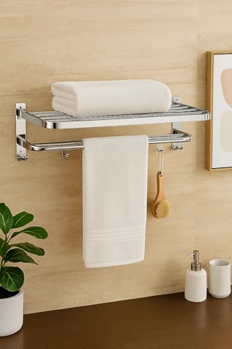 Crome Finished Foldable Towel Rack with Hooks – Wall Mounted Stainless Steel Double dacker Bathroom Shelf for Towels, Bathrobes & Storage | Rust-Resistant, Space-Saving Design for Modern Bathrooms - color: Crome Finish