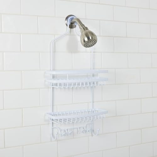 Bath Bliss Shower Head Caddy, Suction Cup Backing, 2 Tier Shelving & 6 Accessory Hooks, White (23386-WHITE) - color: White