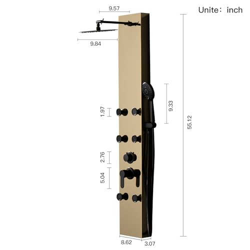 BWE Stainless Steel Modern Shower Panel Tower System | 3-Function Faucet Rainfall Shower Head, Handheld Sprayer, Massage Body Jets, Polished Gold