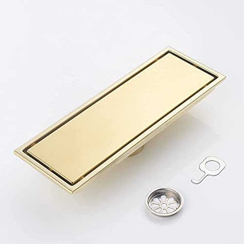 Linear Shower Drain Pipe 12 Inches Brushed Gold, with Tile Insert Grille, Detachable Hidden Cover, SUS304 Stainless Steel Rectangular Floor Drain - color: Brushed Gold