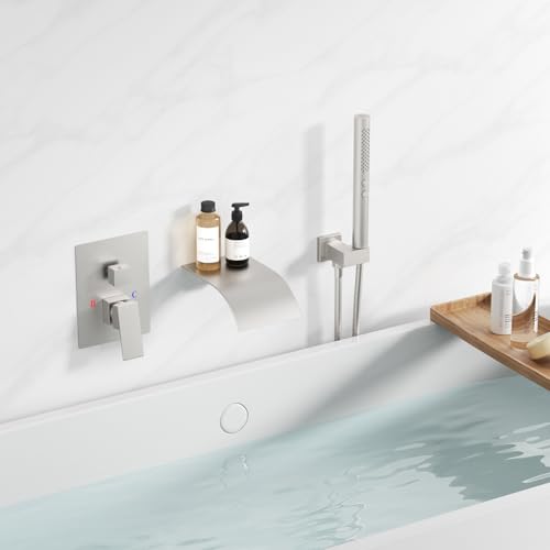 RUMOSE Wall Mount Bathtub Faucet Waterfall Tub Faucet with Handheld Sprayer | Nickel, 2 in 1 Handheld, Modern Bathroom Tub Filler Brass Single Handle Shower Faucet Set, High Flow Rough in Valve - color: Nickel