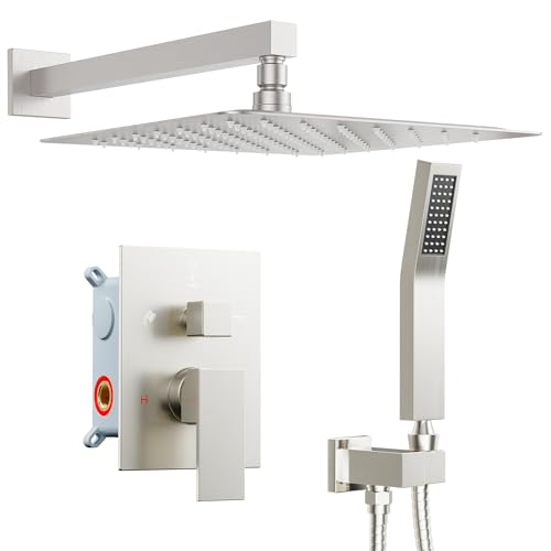 STARBATH Shower Faucet Set Shower System with Diverter Valve Brushed Nickel | 12" Wall Mount Rain Shower Head and Handheld Spray for Two Person, Shower Set with Valve and Trim Kit Complete - color: Brushed Nickel, size: 12"-01