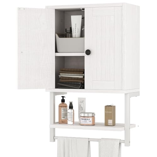 Homeiju Small Farmhouse Style Rustic Medicine Cabinet with Two Barn Doors, Wooden Wall Mounted Storage Cabinet with Shelf and Towel Bar for Bathroom, Living Room, Kitchen, White - size: 25.2'' H