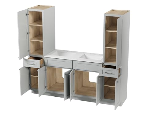 DISAR 78" Double Sink Bathroom Vanity with Dual Linen Storage Towers, Carrara Quartz Top and Ceramic Sinks, Solid Wood Frame, 4 Piece Design, 78" x 22" x 72" (Gray) - color: Grey