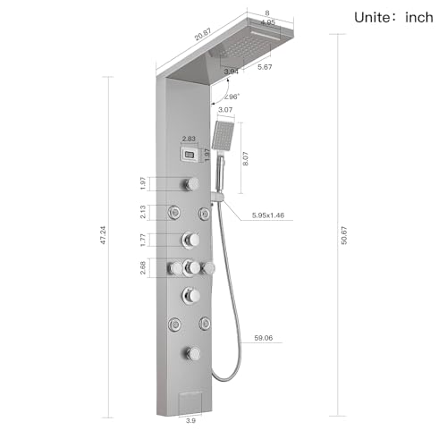 BWE Shower Panel Tower System with Rainfall Waterfall Head | Adjustable Massage Body Jets, Temperature Display Wall Mount Shower Column, Stainless Steel Brushed Nickel and Chrome