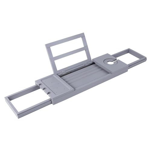 Utoplike Bathtub Tray Caddy Bamboo, Grey Bath Table for Tub Adjustable | Bathroom Organizer with Book Tablet, Wine Glass Cup, Towel Holder - color: 19.8-33.5 in Grey