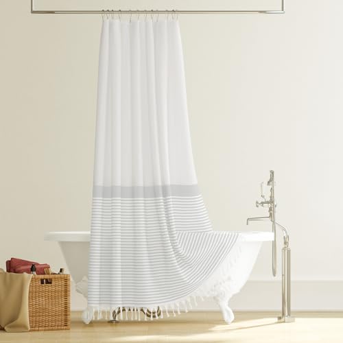 Extra Long Shower Curtains, 84 Inches Long Farmhouse Boho Striped Fabric Tassel Shower Curtains for Bathroom, Tall Bohemian Linen Textured Cloth Shower Curtain Set with Hooks, Grey, 72x84 - color: Grey, size: 72"W x 84"L (Pack of 1)