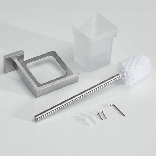 Toilet Brush and Holder Set, NEWRAIN 304 Stainless Steel Wall Mounted Toilet Brush with Long Brush Handle, Brushed Nickel Toilet Scrubber, Glass Canister - color: Brushed Nickel