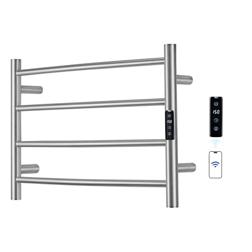 Electric Towel Rack with Voice Control for Alexa & Google Home,TUYA - Wall-Mounted Bathroom Heating Towel Warmer,Plug-in,Stainless Steel Material,16.54x23.62x5.51 in,Brushed,4 Bars - color: Brushed With Wifi, size: 4 Bar