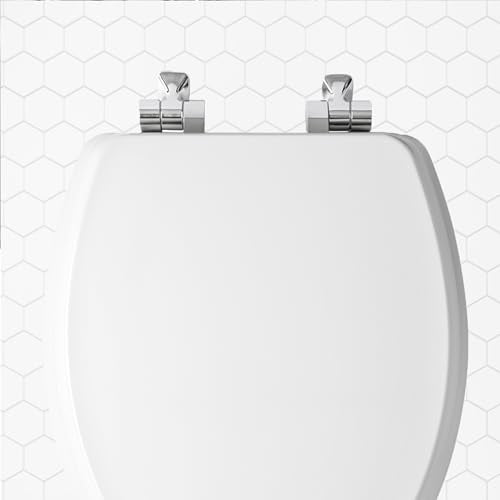 Mayfair Bennett Toilet Seat with Chrome Hinges, Slow Close Wood Seat, Secure Metal Hinges, Easy Install, Made in USA, Elongated, White - color: Chrome, size: Elongated