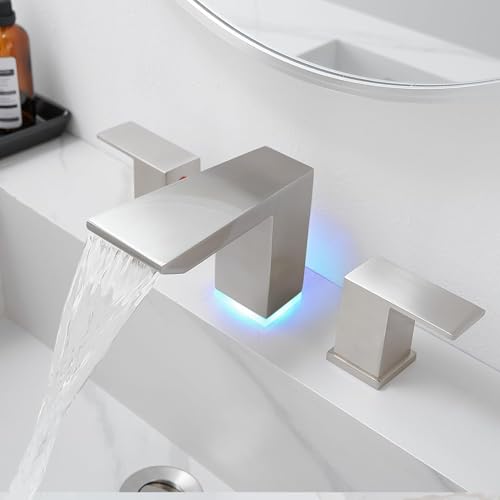 BESy LED Brushed Nickel Square Bathroom Faucets 3 Hole Waterfall 8 Inch Widespread with 3 Colors Light Changing Sink Faucet with Pop-up Drain and Supply Lines 2 Handles for Vanity, Lavatory, Restroom - color: Brushed Nickel