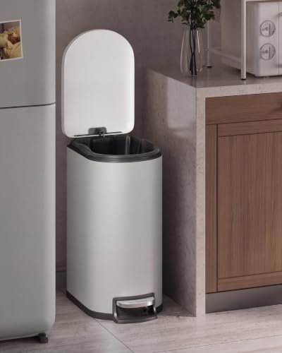 Garvee 13 gal / 50 L Metal Kitchen Trash Can with Lid, Slim Rustproof Garbage Can, Large Step-on Trash Bin with Inner Bucket, Rear Handle, Soft Close Lid, Grey - color: Grey, size: 13.2 Gallons