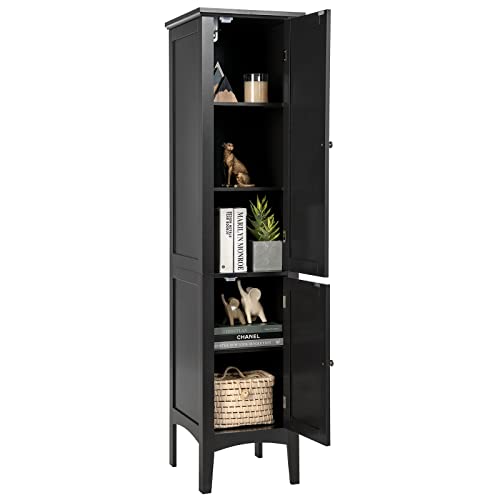 Tangkula Tall Bathroom Storage Cabinet, 5-Tier Wooden Freestanding Tower Cabinet, Narrow Storage Floor Cabinet w/ 2 Doors & Shelves for Bathroom Living Room Kitchen (Black)