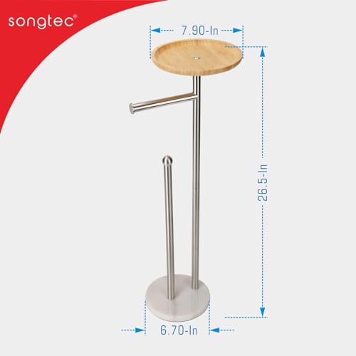 Toilet Paper Holder Stand with 7.9" Big Bamboo Tray, 2.2Lbs Heavier Marble Base, Floor Standing Paper Holder Stand with Phone Shelf, Reserve for 4 Rolls (Brushed Nickel) - color: Brushed Nickel